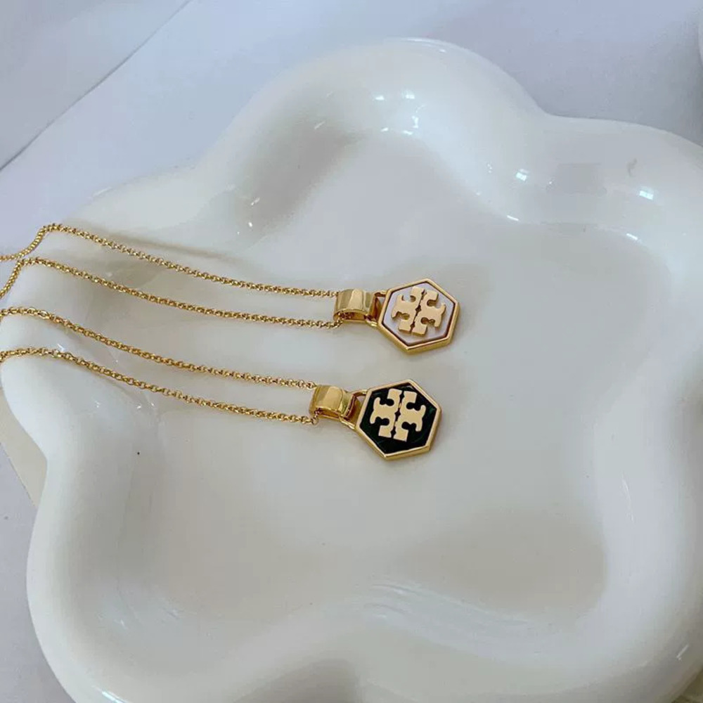 Tory Burch Hexagon Shell Pendant Metal Necklace